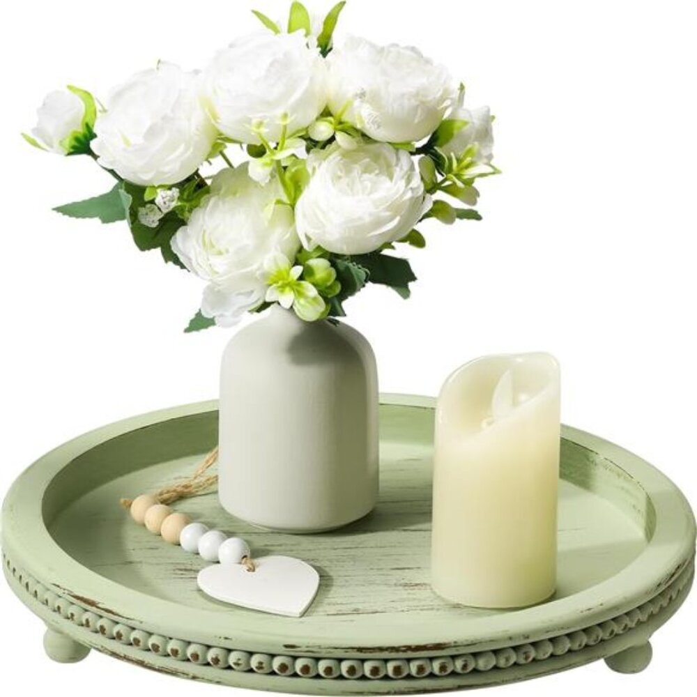 Wooden Beaded Round Tray Decorative Coffee Table Centerpiece Sage Farmhouse
